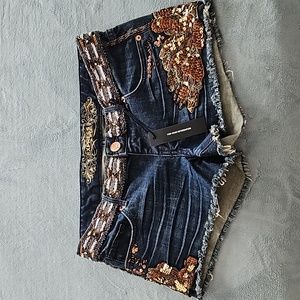 EXPRESS DENIM CUT-OFF JEANS WITH HEAVY BEADING & SEQUINS, SIZE 0, NWOT